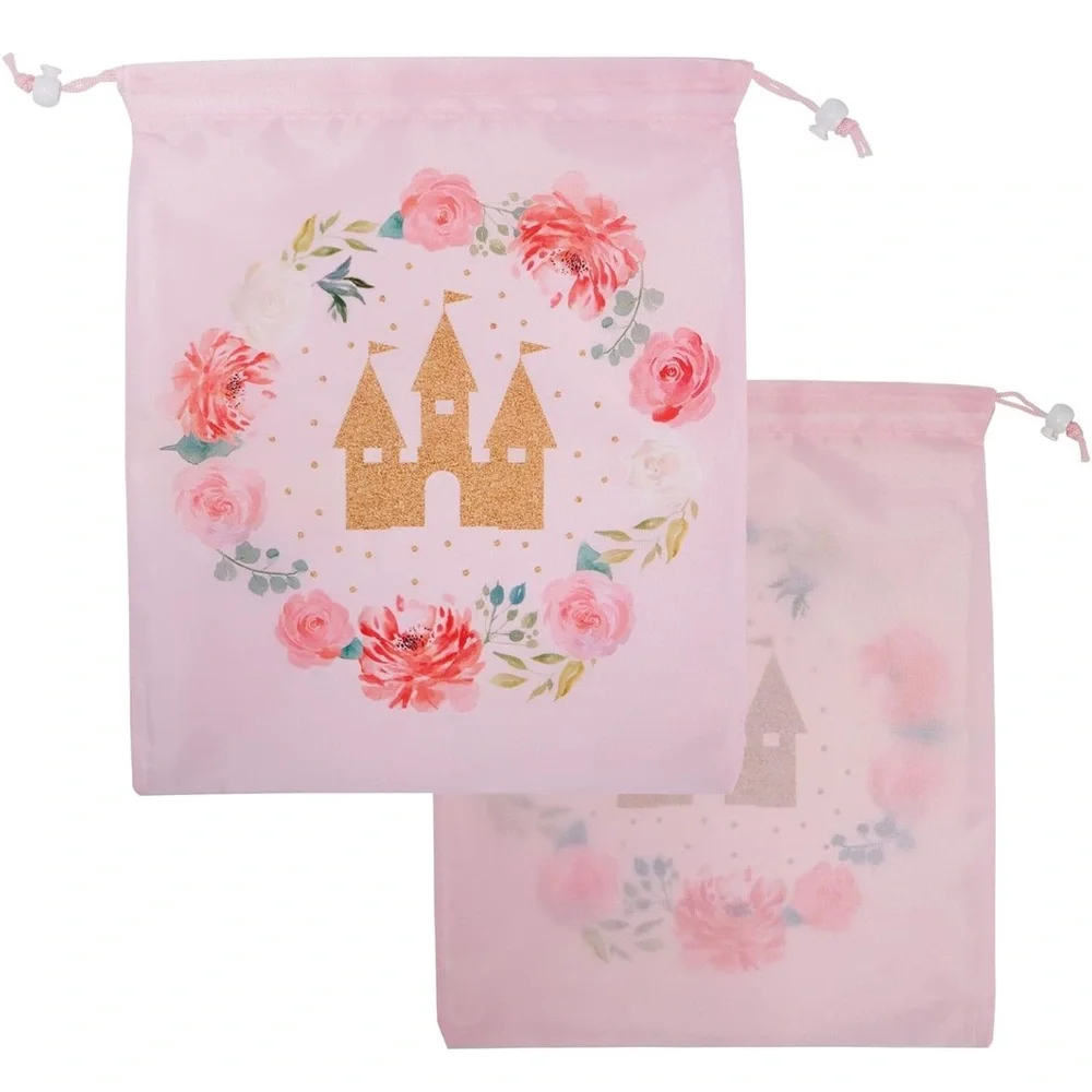 Pink Drawstring Bag with Gold Castle Design (14 Drawstring bags)